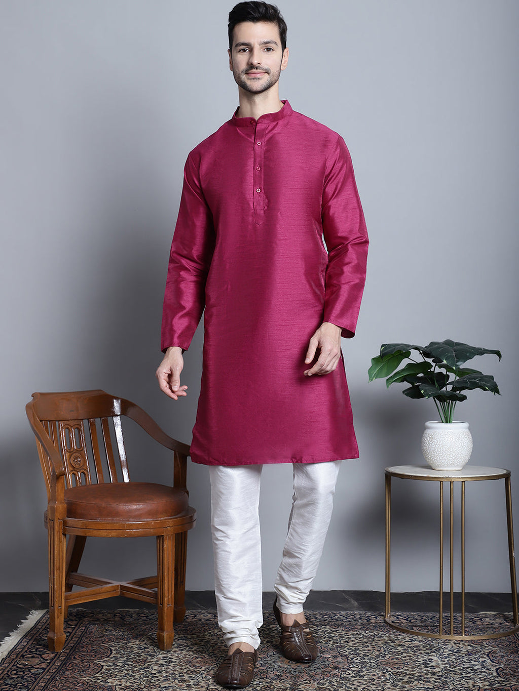 Jompers Men's Purple Dupion Silk Kurta with Churidar - Purple