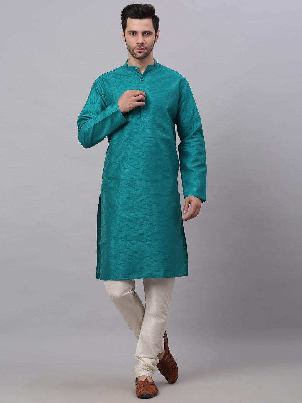Jompers Men's Solid Dupion Silk Kurta Payjama Set - Teal
