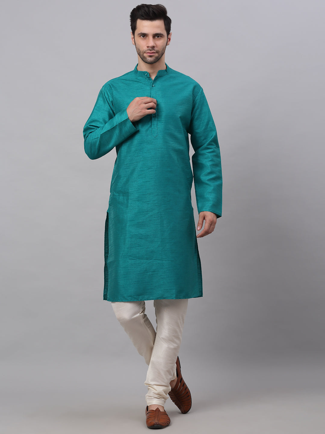 Jompers Men's Solid Dupion Silk Kurta Payjama Set - Teal