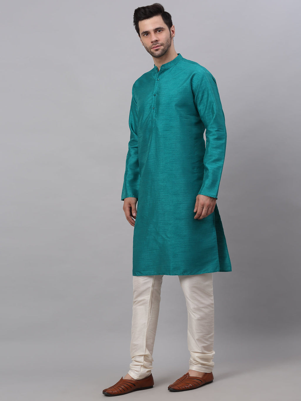Jompers Men's Solid Dupion Silk Kurta Payjama Set - Teal