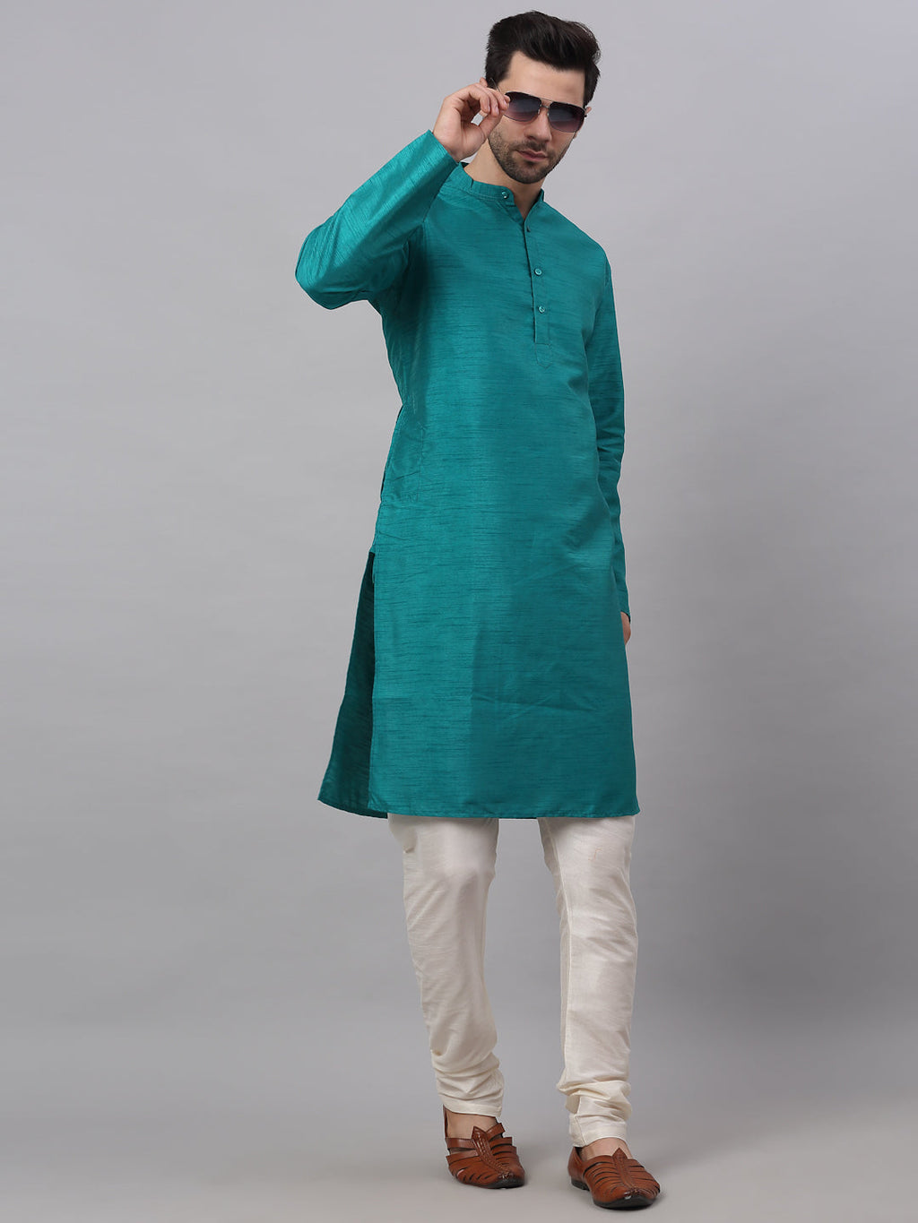 Jompers Men's Solid Dupion Silk Kurta Payjama Set - Teal
