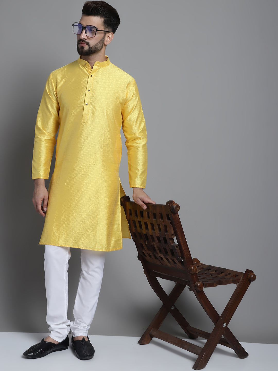 Jompers Men's Woven Design Kurta Payjama Set - Lemon