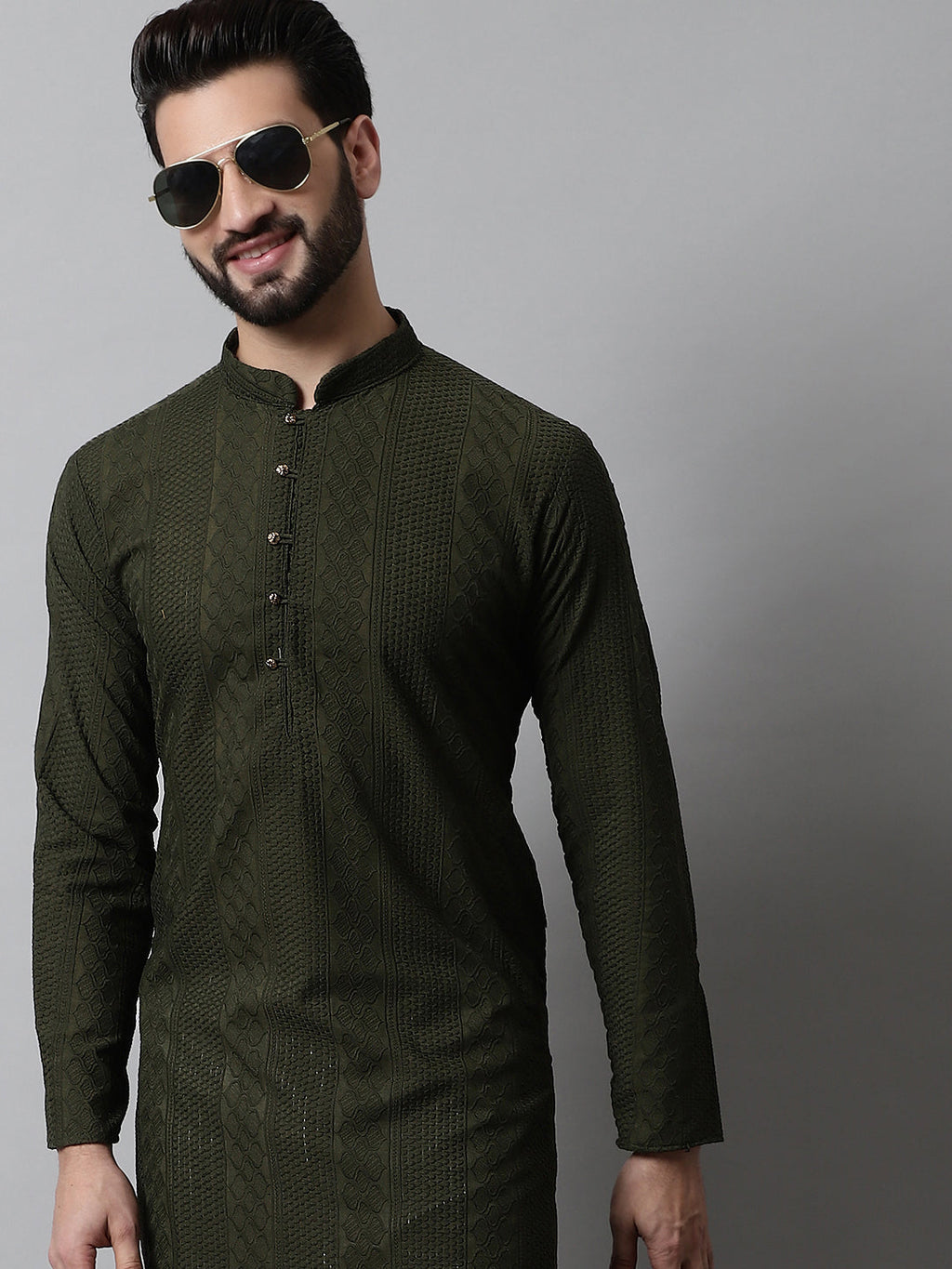 Jompers Men's Embroiderd Kurta Pajama - Olive
