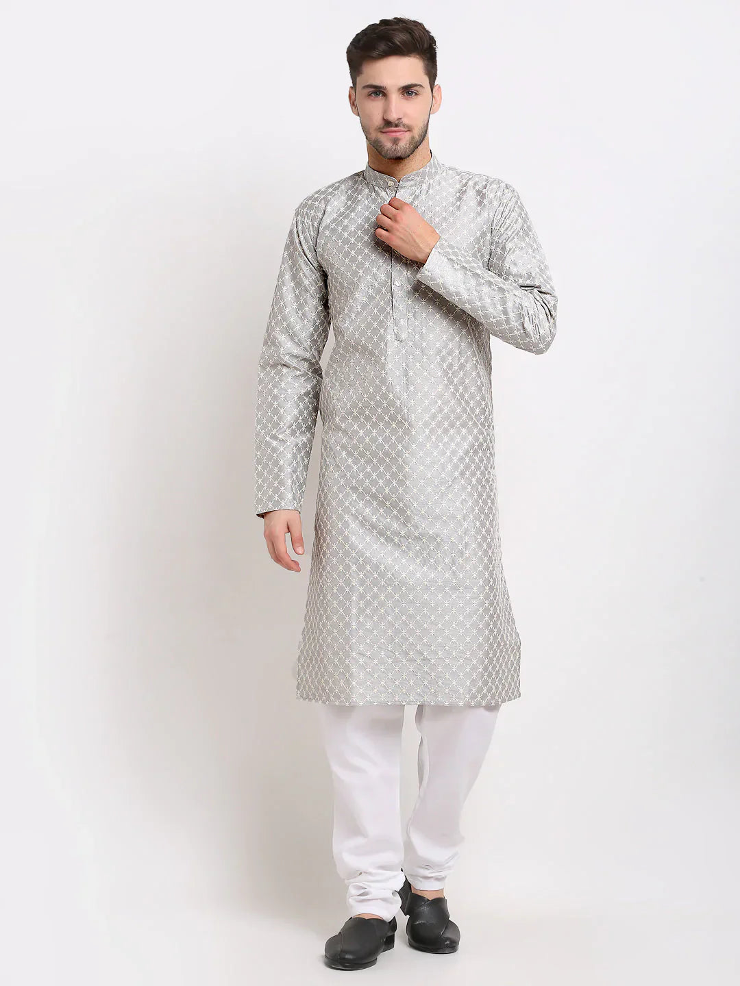 Jompers Men's Grey Chikankari Kurta with Churidar