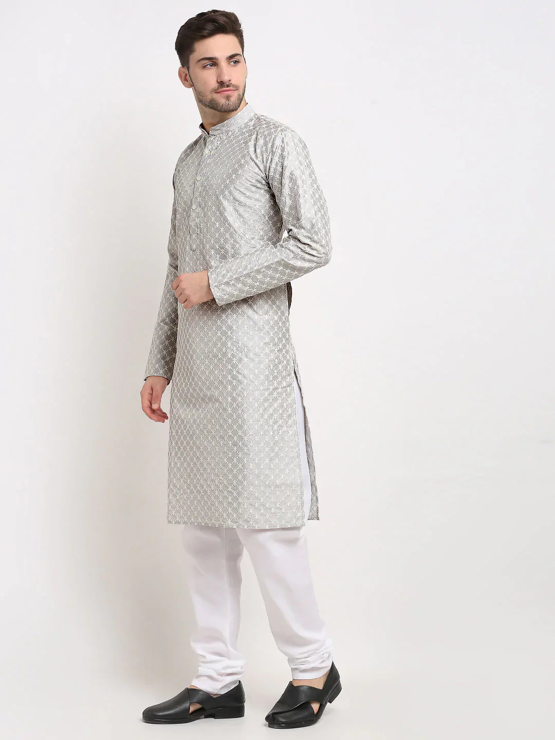 Jompers Men's Grey Chikankari Kurta with Churidar