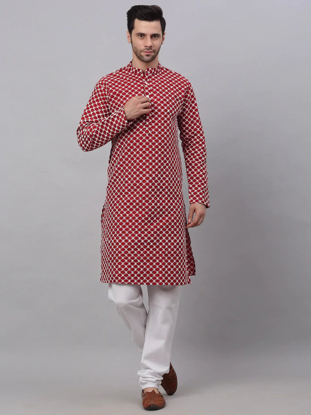 Jompers Men's Maroon Chikankari Kurta with Churidar