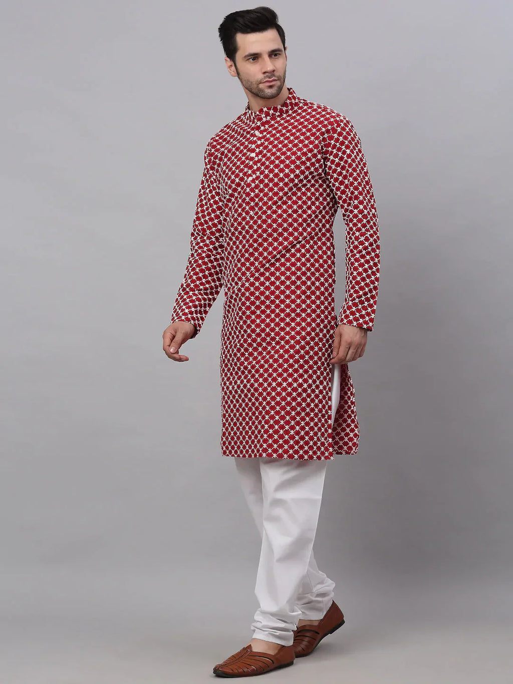 Jompers Men's Maroon Chikankari Kurta with Churidar