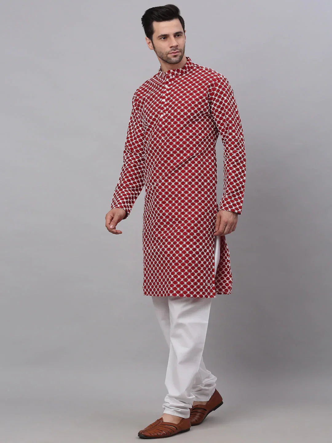 Jompers Men's Maroon Chikankari Kurta with Churidar