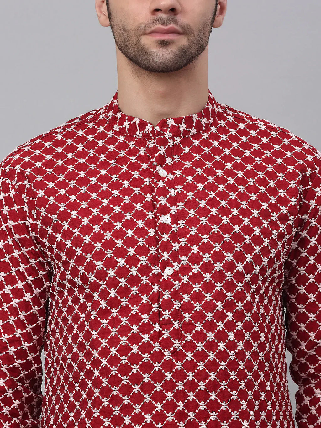 Jompers Men's Maroon Chikankari Kurta with Churidar