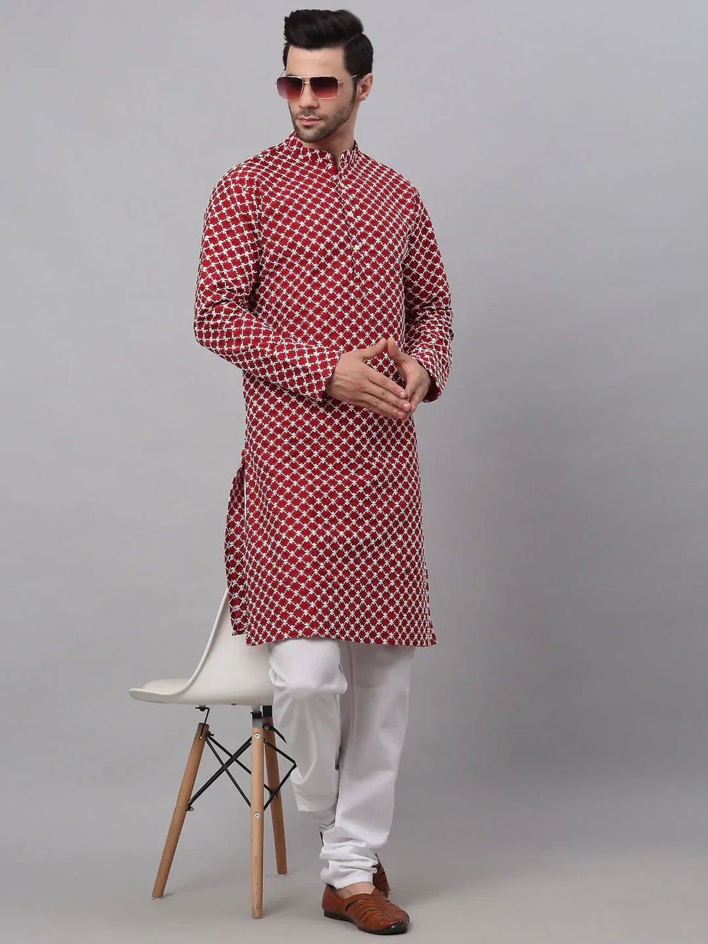 Jompers Men's Maroon Chikankari Kurta with Churidar