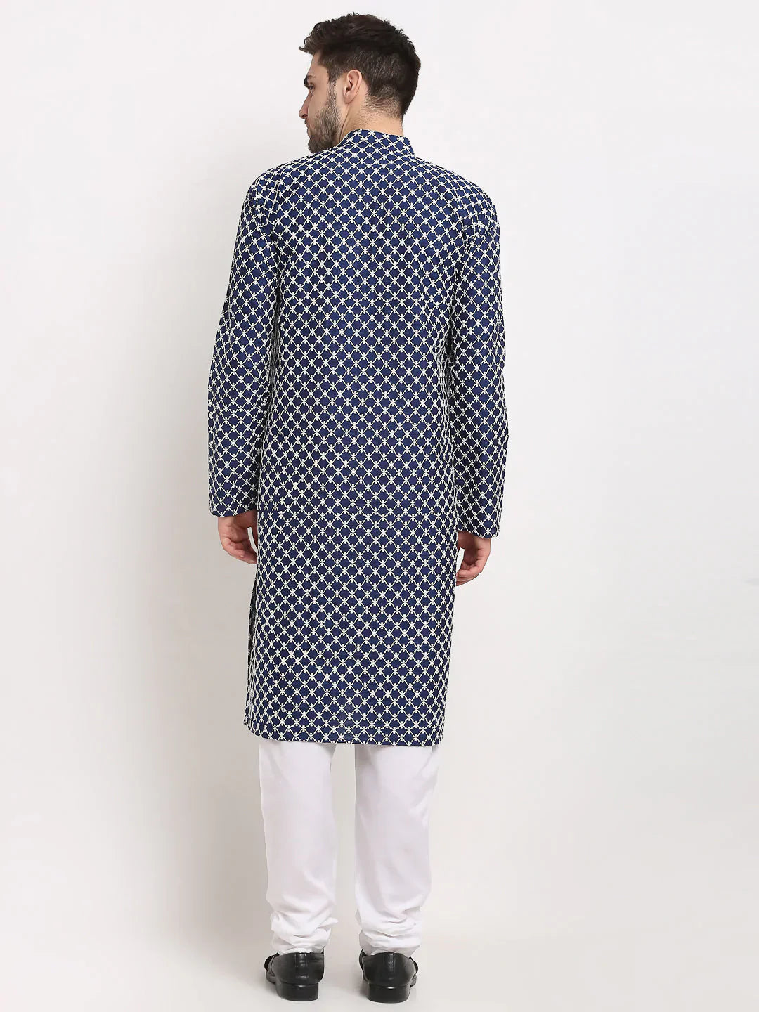 Jompers Men's Navy Blue Chikankari Kurta with Churidar