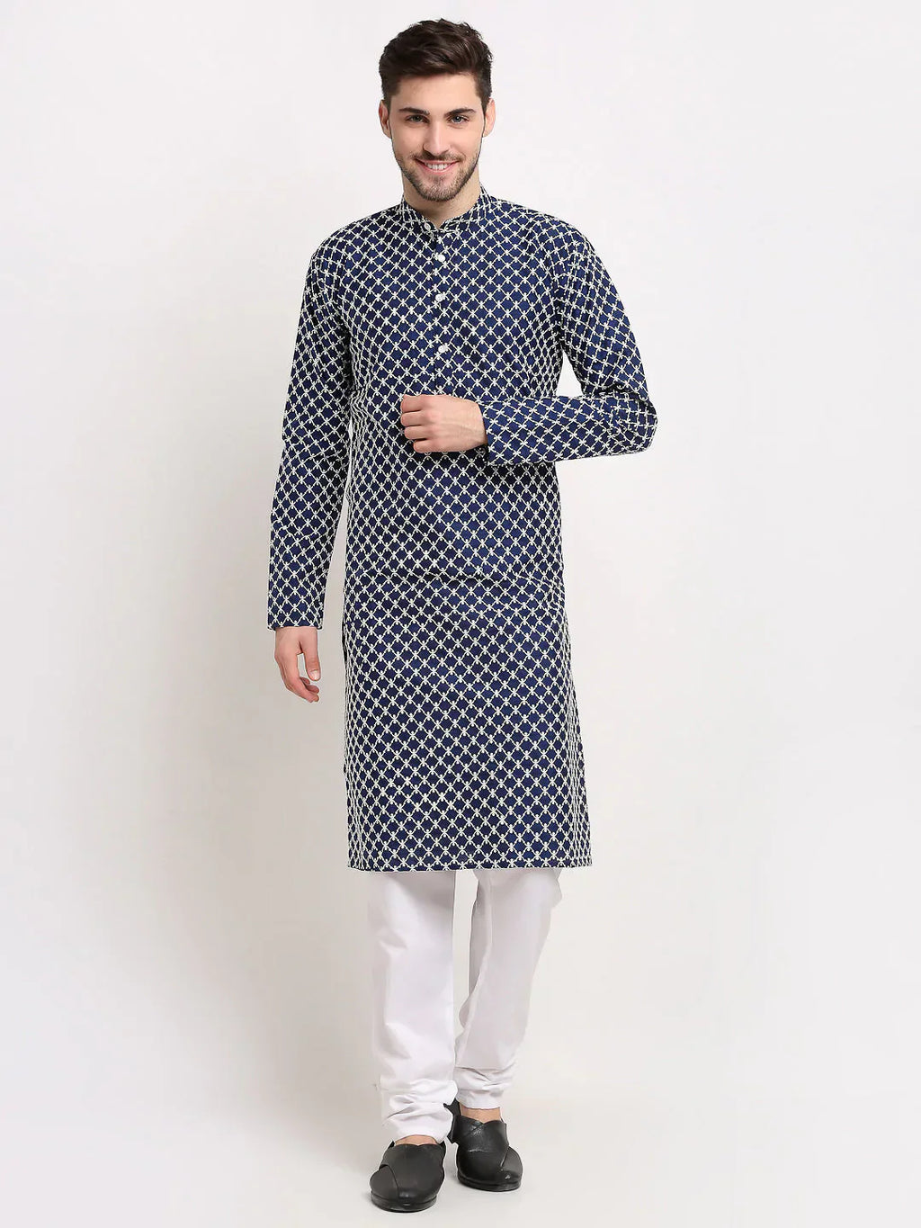 Jompers Men's Navy Blue Chikankari Kurta with Churidar
