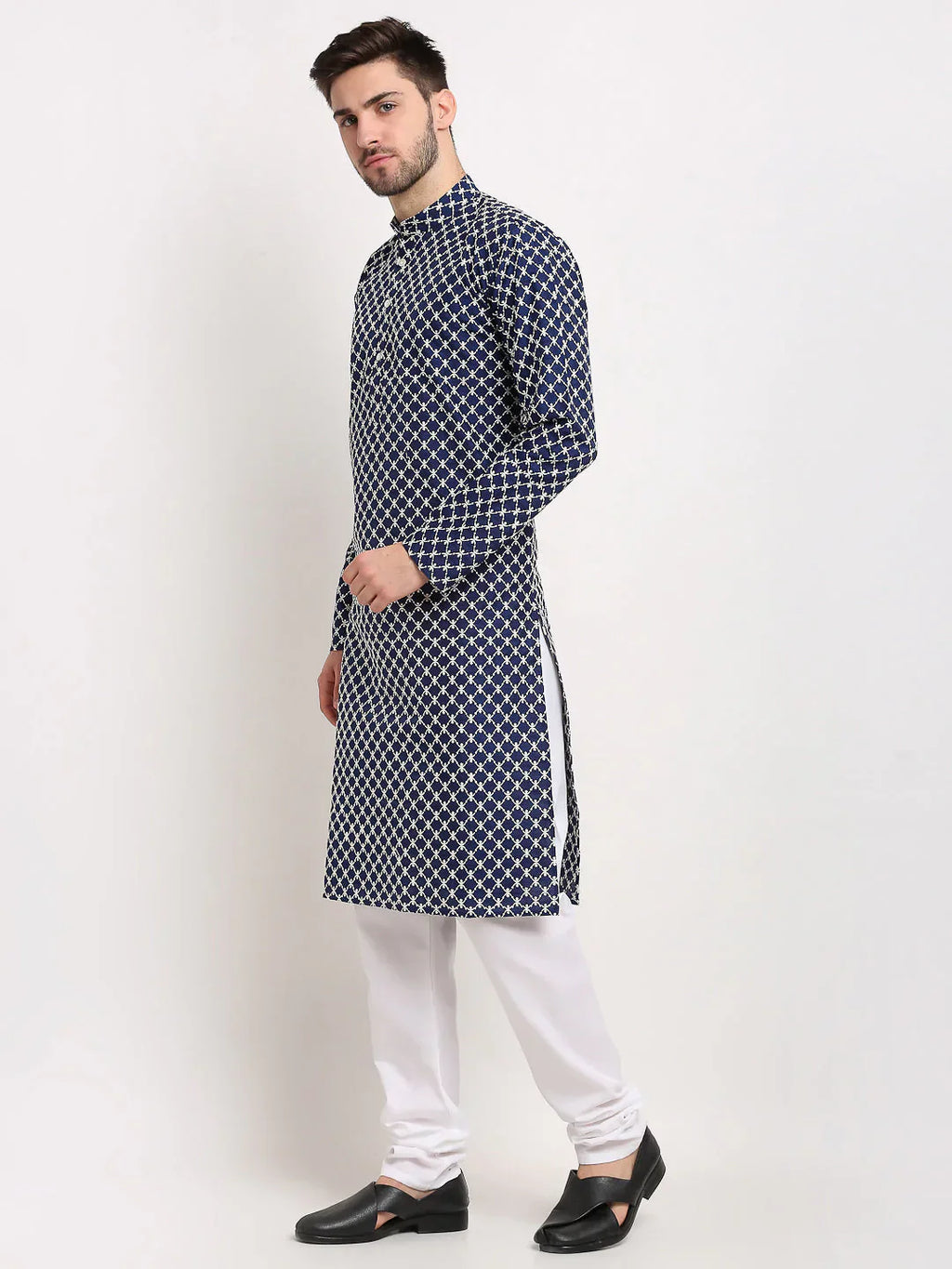 Jompers Men's Navy Blue Chikankari Kurta with Churidar