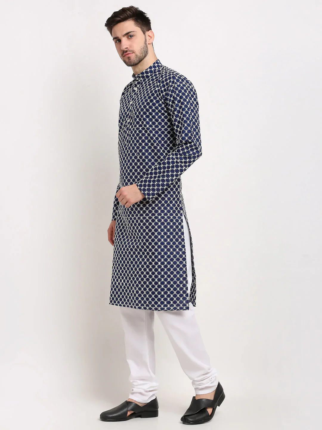Jompers Men's Navy Blue Chikankari Kurta with Churidar
