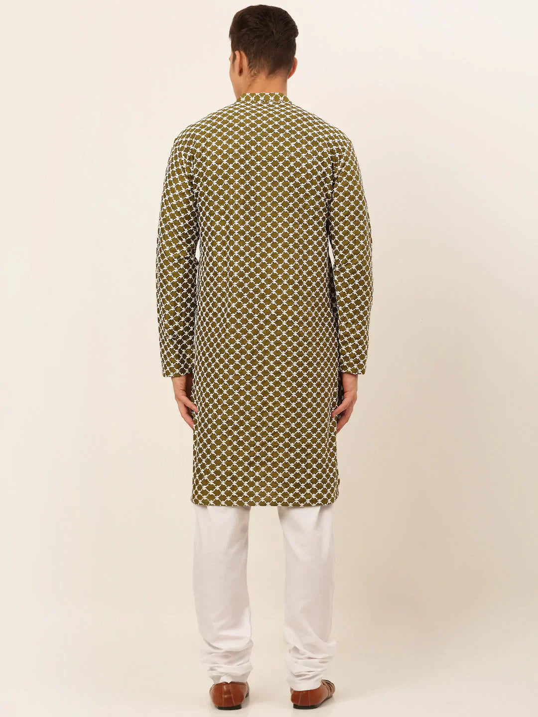 Jompers Men's Olive Green Chikankari Kurta with Churidar