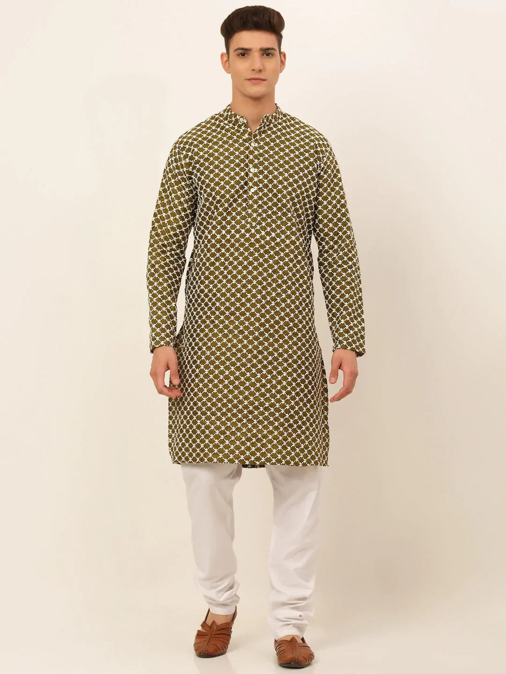 Jompers Men's Olive Green Chikankari Kurta with Churidar