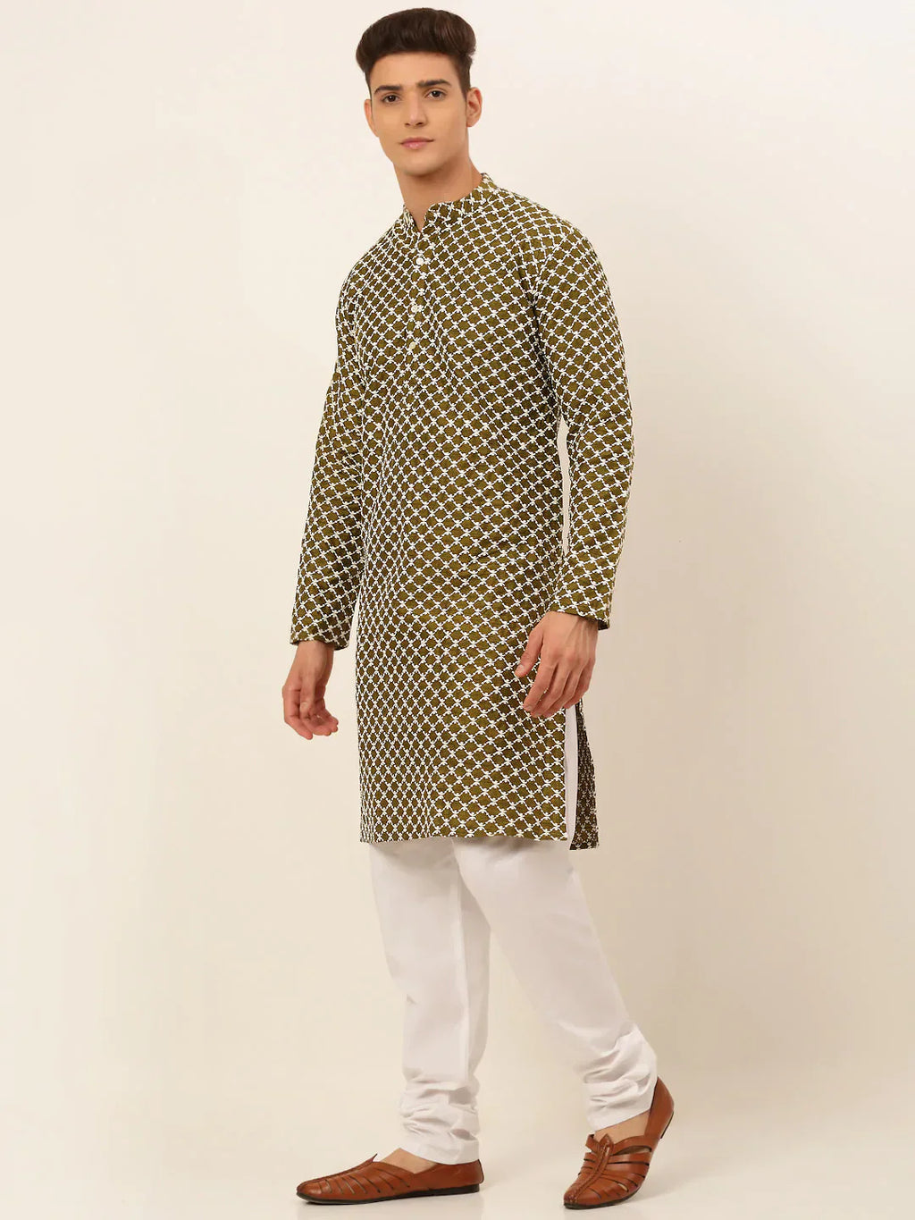 Jompers Men's Olive Green Chikankari Kurta with Churidar