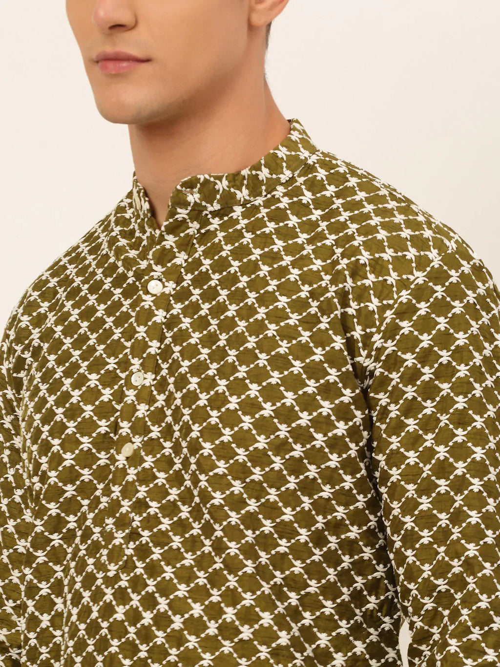 Jompers Men's Olive Green Chikankari Kurta with Churidar