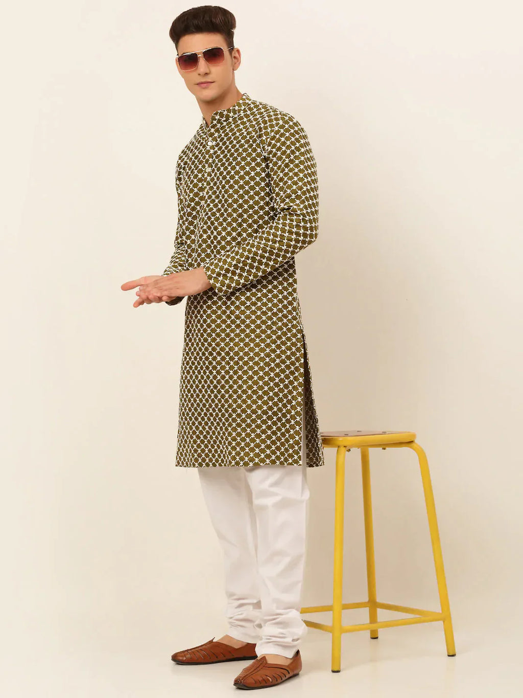 Jompers Men's Olive Green Chikankari Kurta with Churidar