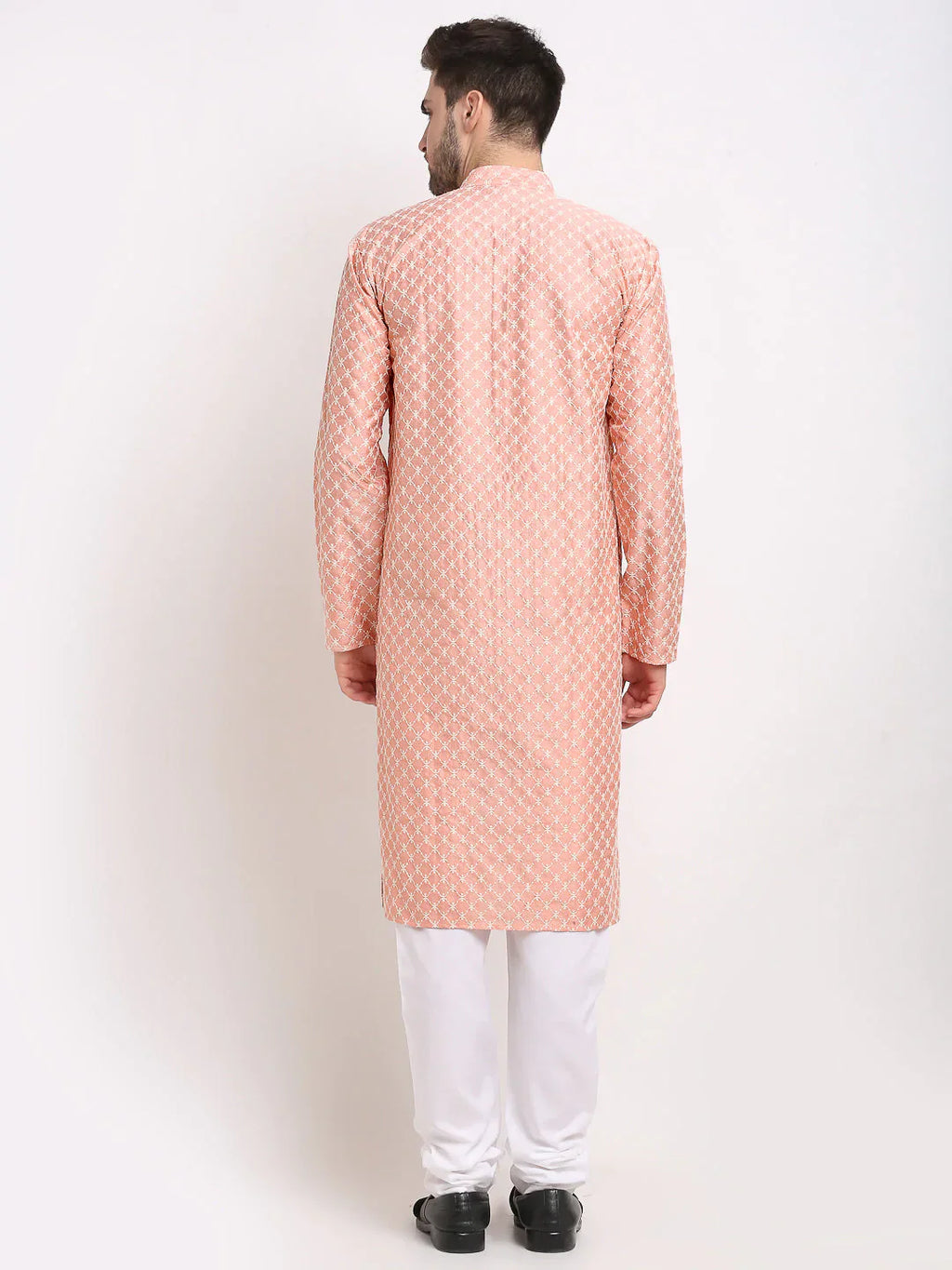 Jompers Men's Peach Chikankari Kurta with Churidar