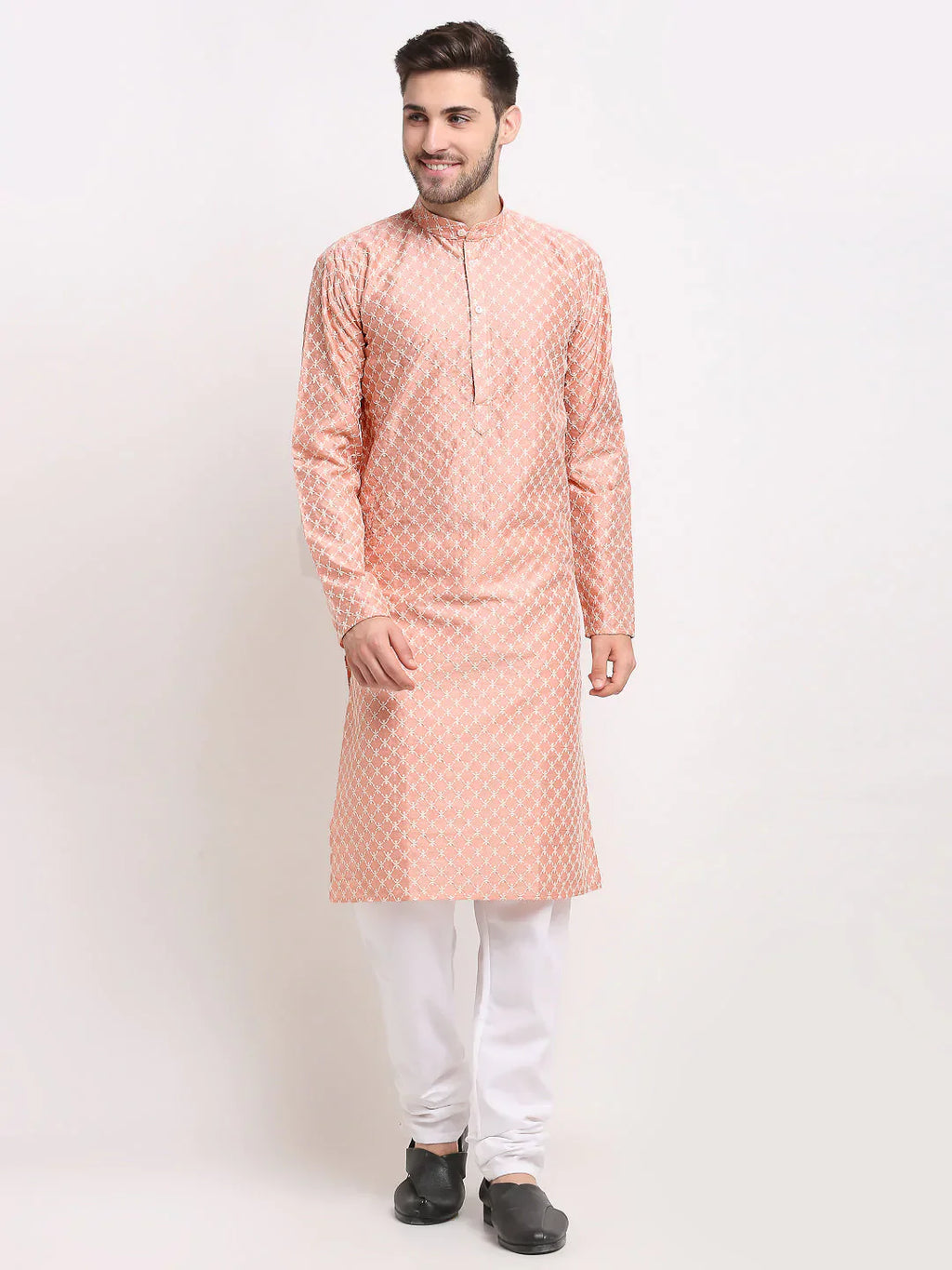 Jompers Men's Peach Chikankari Kurta with Churidar