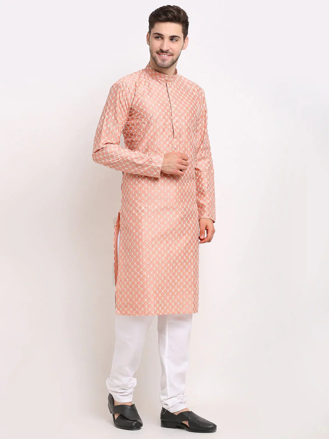 Jompers Men's Peach Chikankari Kurta with Churidar