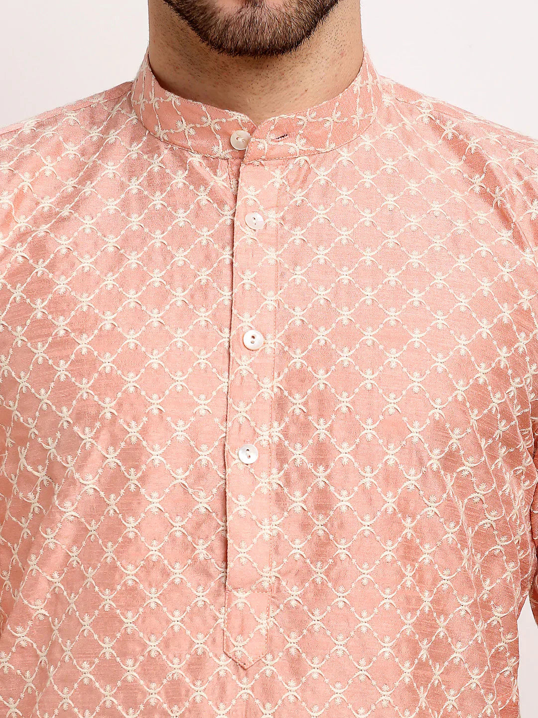 Jompers Men's Peach Chikankari Kurta with Churidar