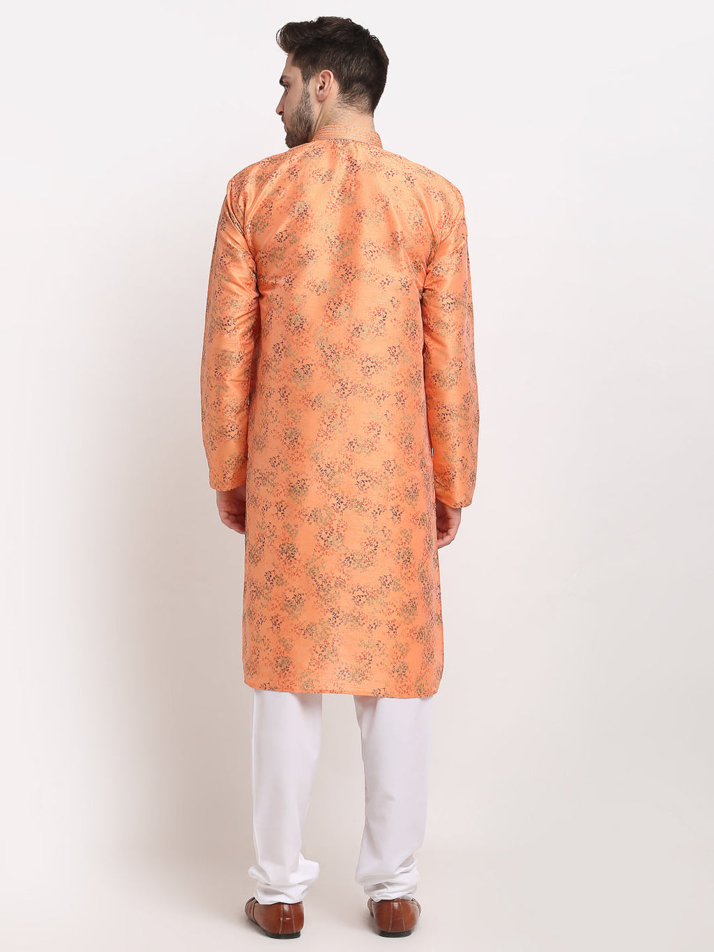 Jompers Men's Orange Dupion Printed Kurta Only