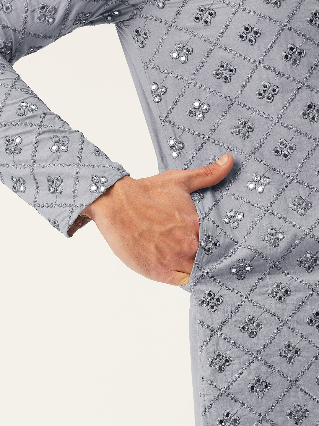 Jompers Men's Grey Embroidered Mirror Work Kurta Only