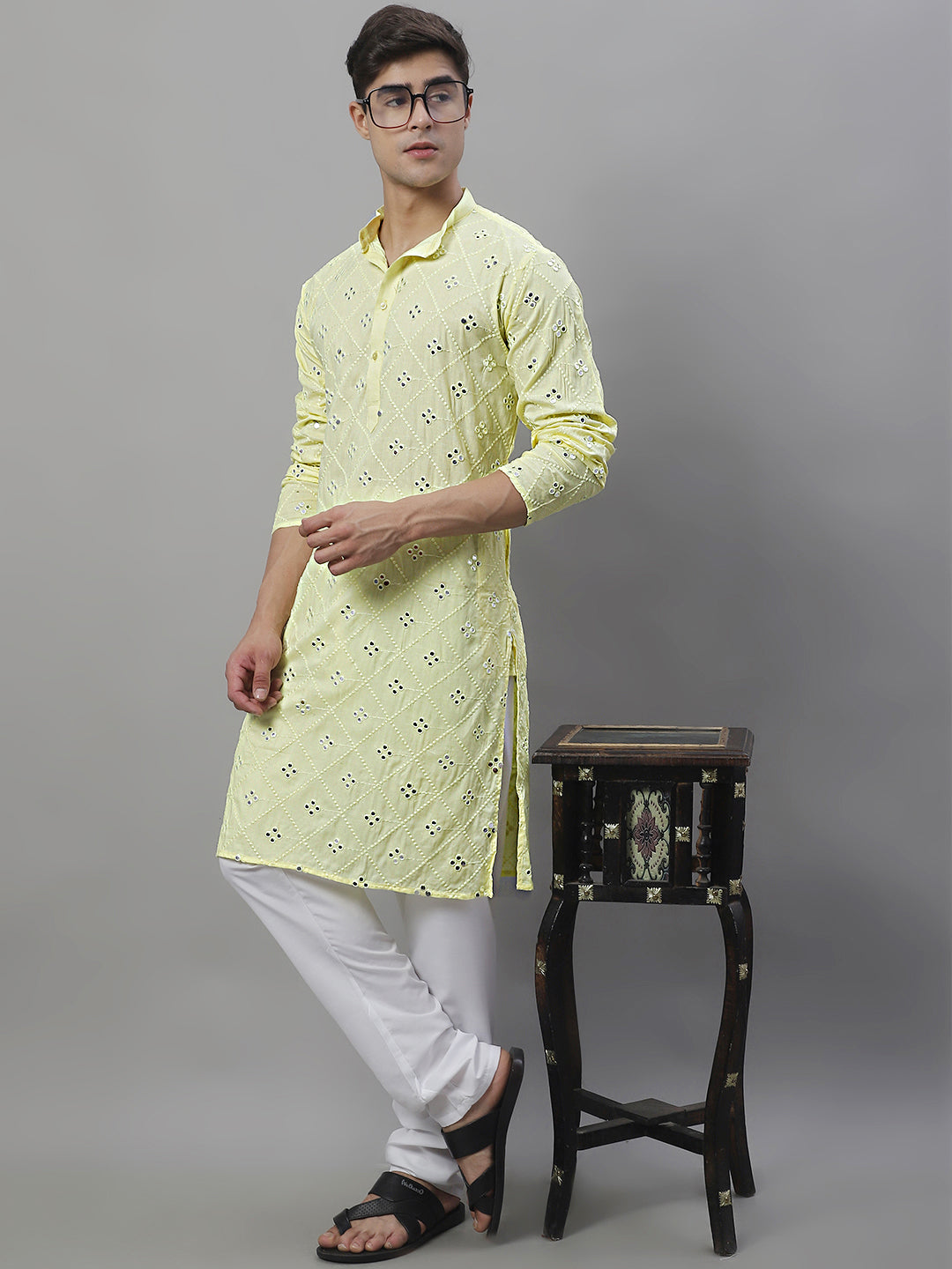 Jompers Men's Embroidered Mirror Work Kurta Payjama Sets - Lemon