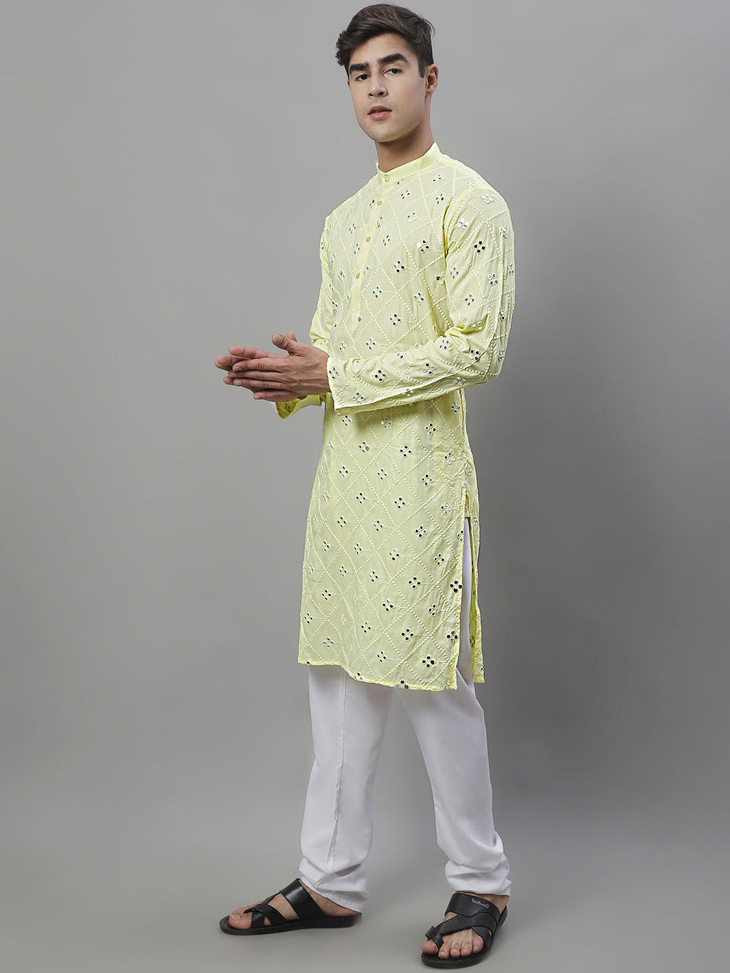 Jompers Men's Embroidered Mirror Work Kurta Payjama Sets - Lemon