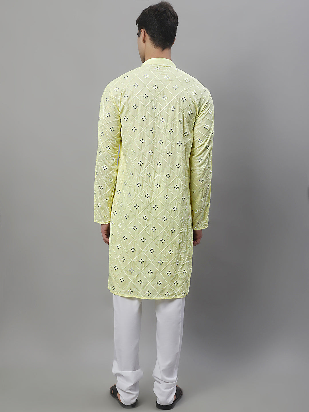 Jompers Men's Embroidered Mirror Work Kurta Payjama Sets - Lemon