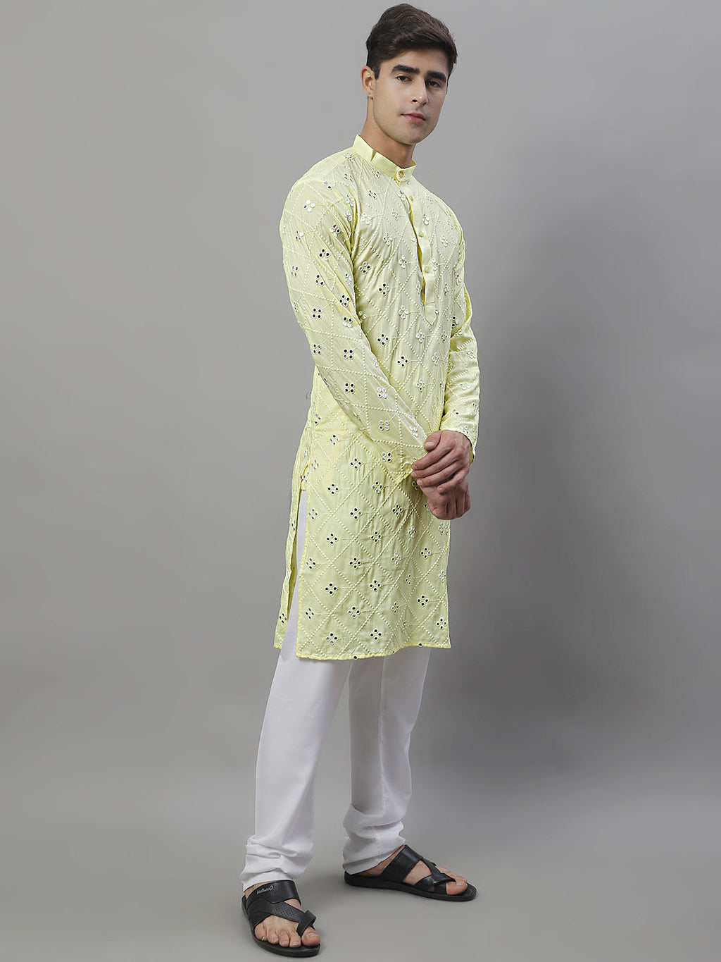 Jompers Men's Embroidered Mirror Work Kurta Payjama Sets - Lemon