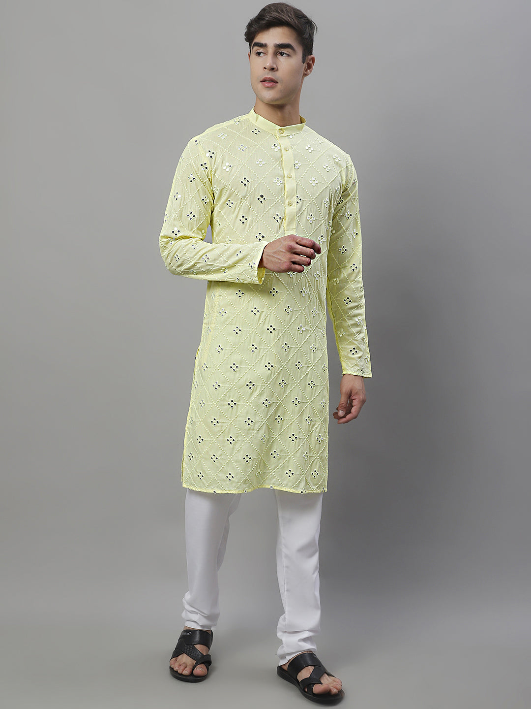 Jompers Men's Embroidered Mirror Work Kurta Payjama Sets - Lemon