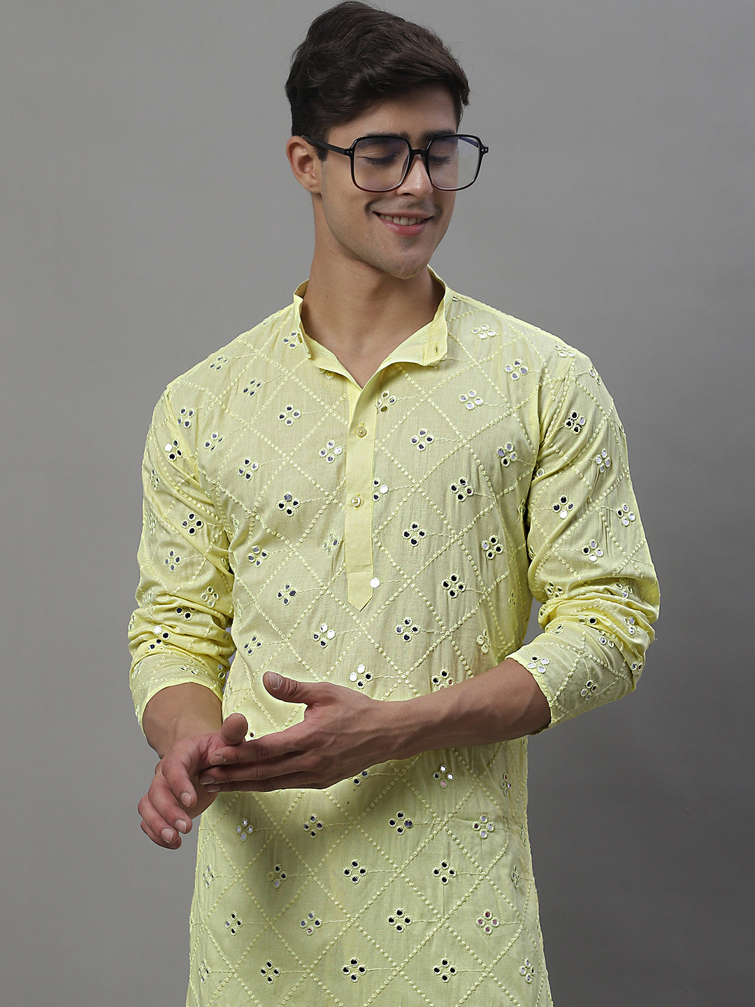 Jompers Men's Embroidered Mirror Work Kurta Payjama Sets - Lemon