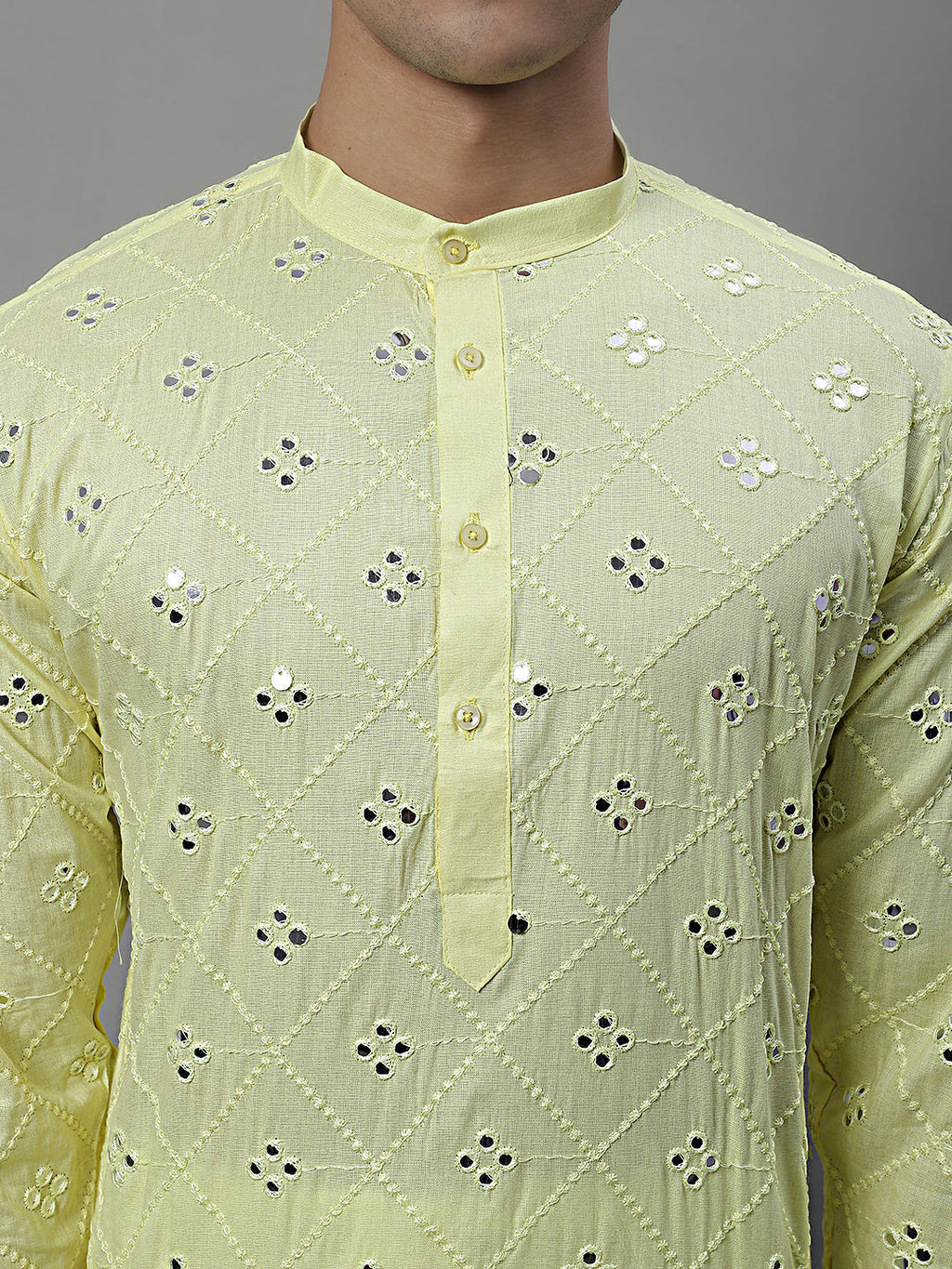 Jompers Men's Embroidered Mirror Work Kurta Payjama Sets - Lemon