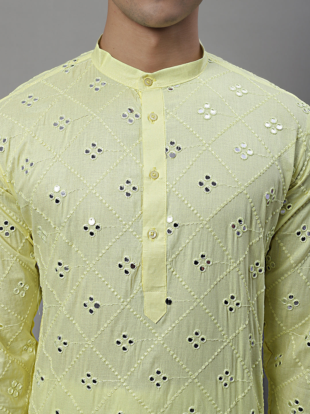 Jompers Men's Embroidered Mirror Work Kurta Payjama Sets - Lemon
