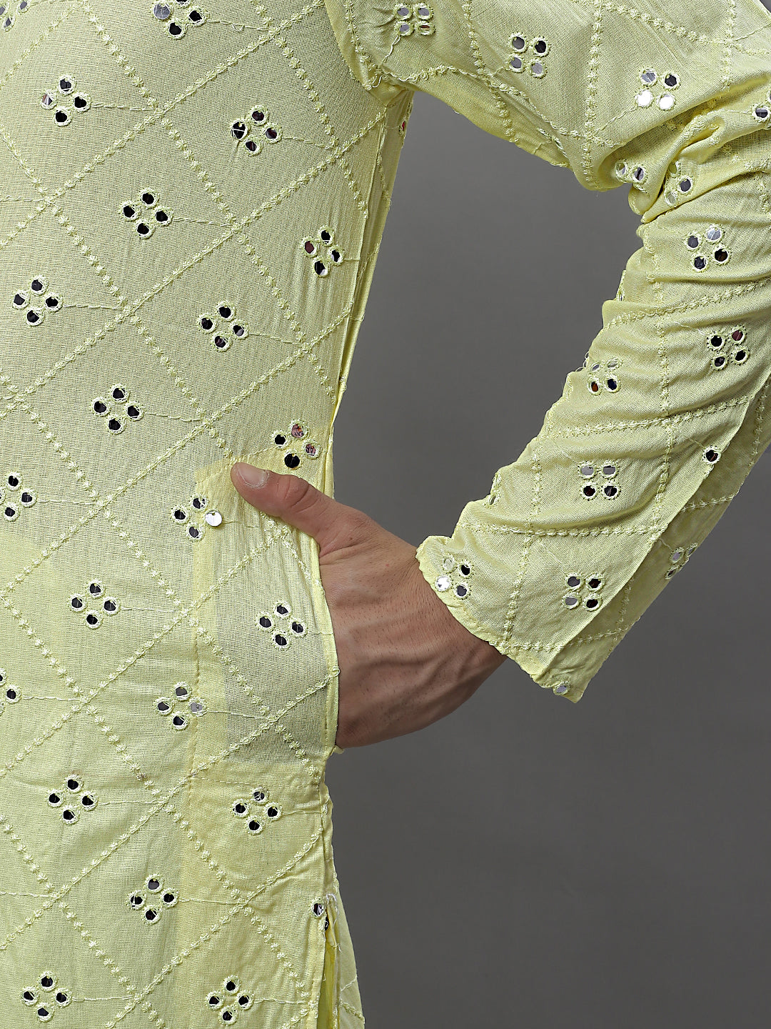 Jompers Men's Embroidered Mirror Work Kurta Payjama Sets - Lemon