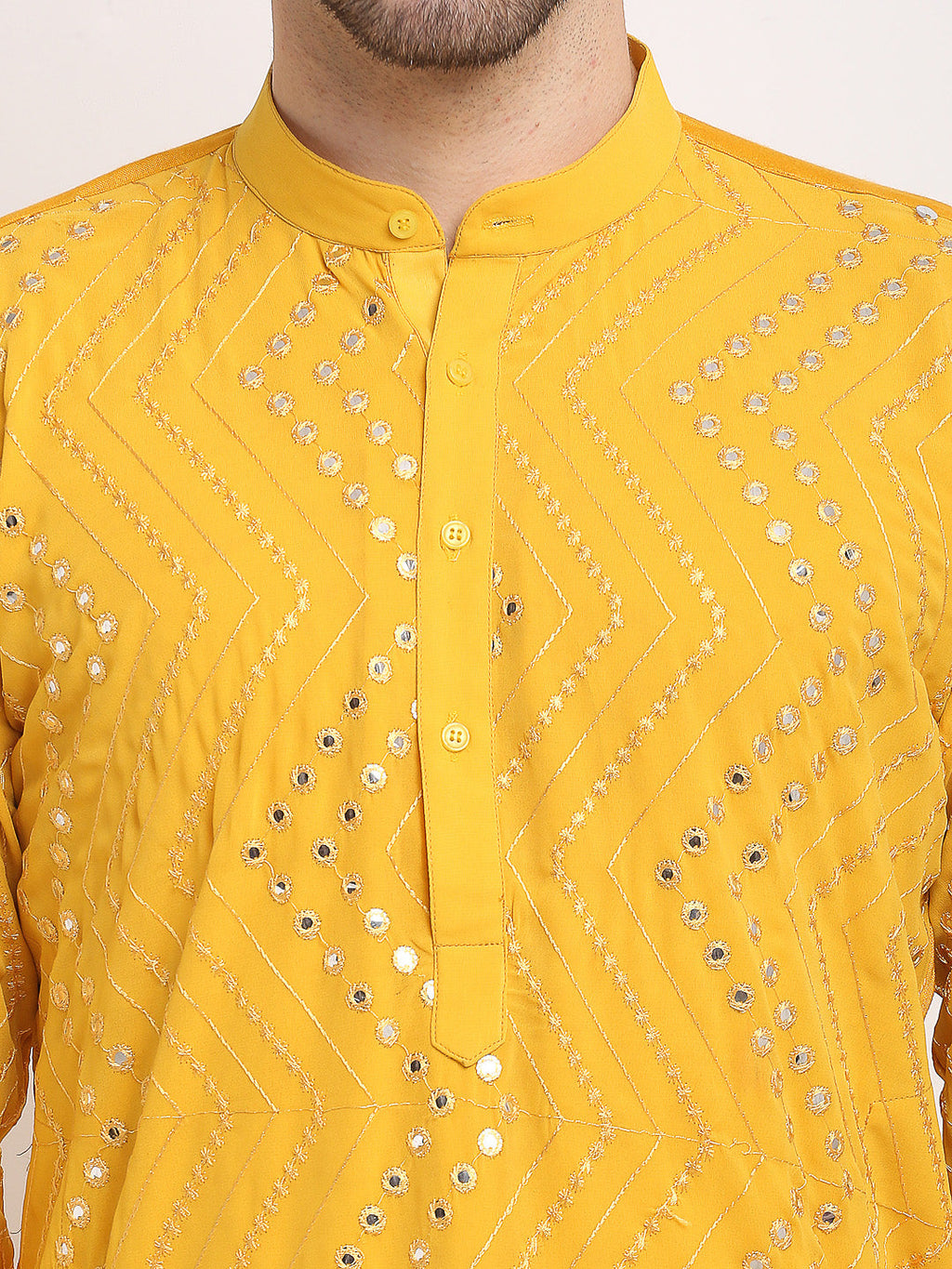 Jompers Men's Mustard Printed Mirror Kurta Payjama Sets