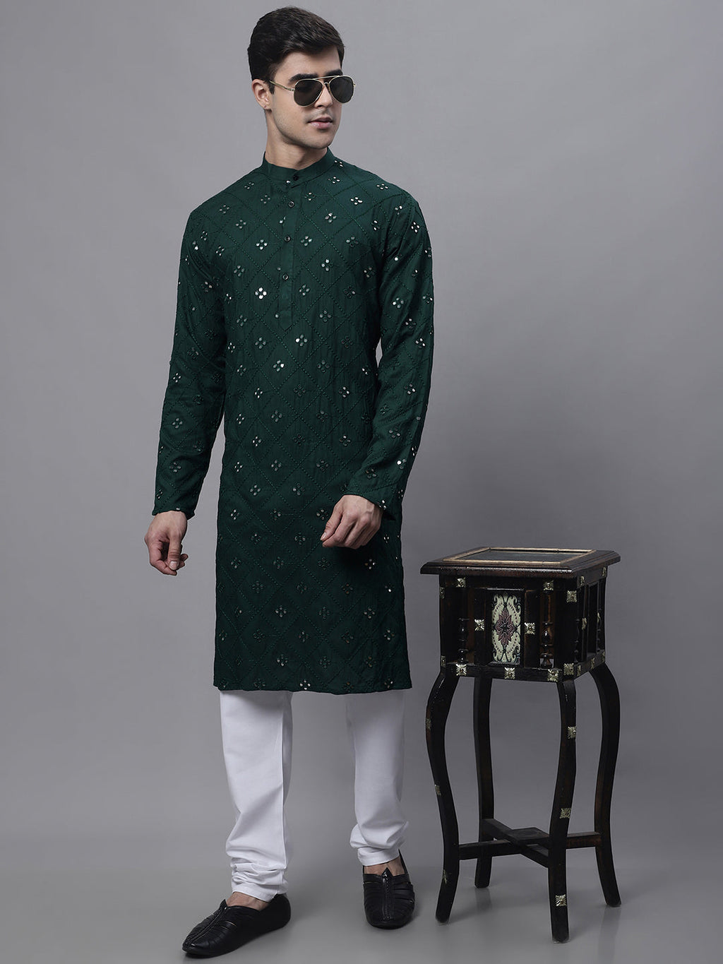 Jompers Men's Olive Green Embroidered Mirror Work Kurta Pyjama