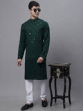 Jompers Men's Olive Green Embroidered Mirror Work Kurta Pyjama