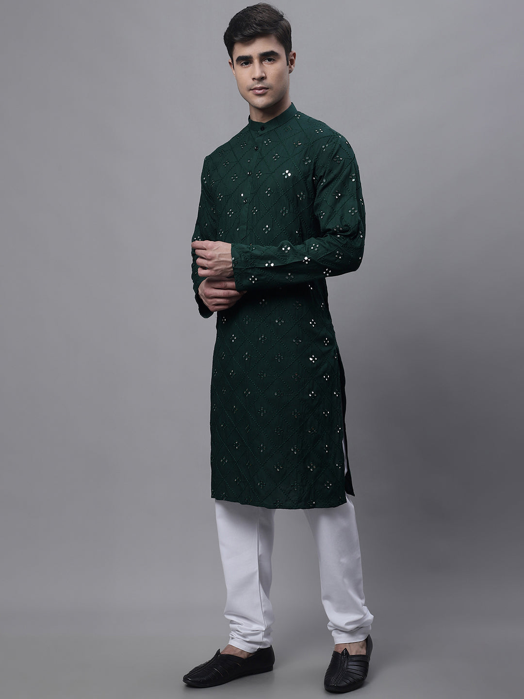 Jompers Men's Olive Green Embroidered Mirror Work Kurta Pyjama