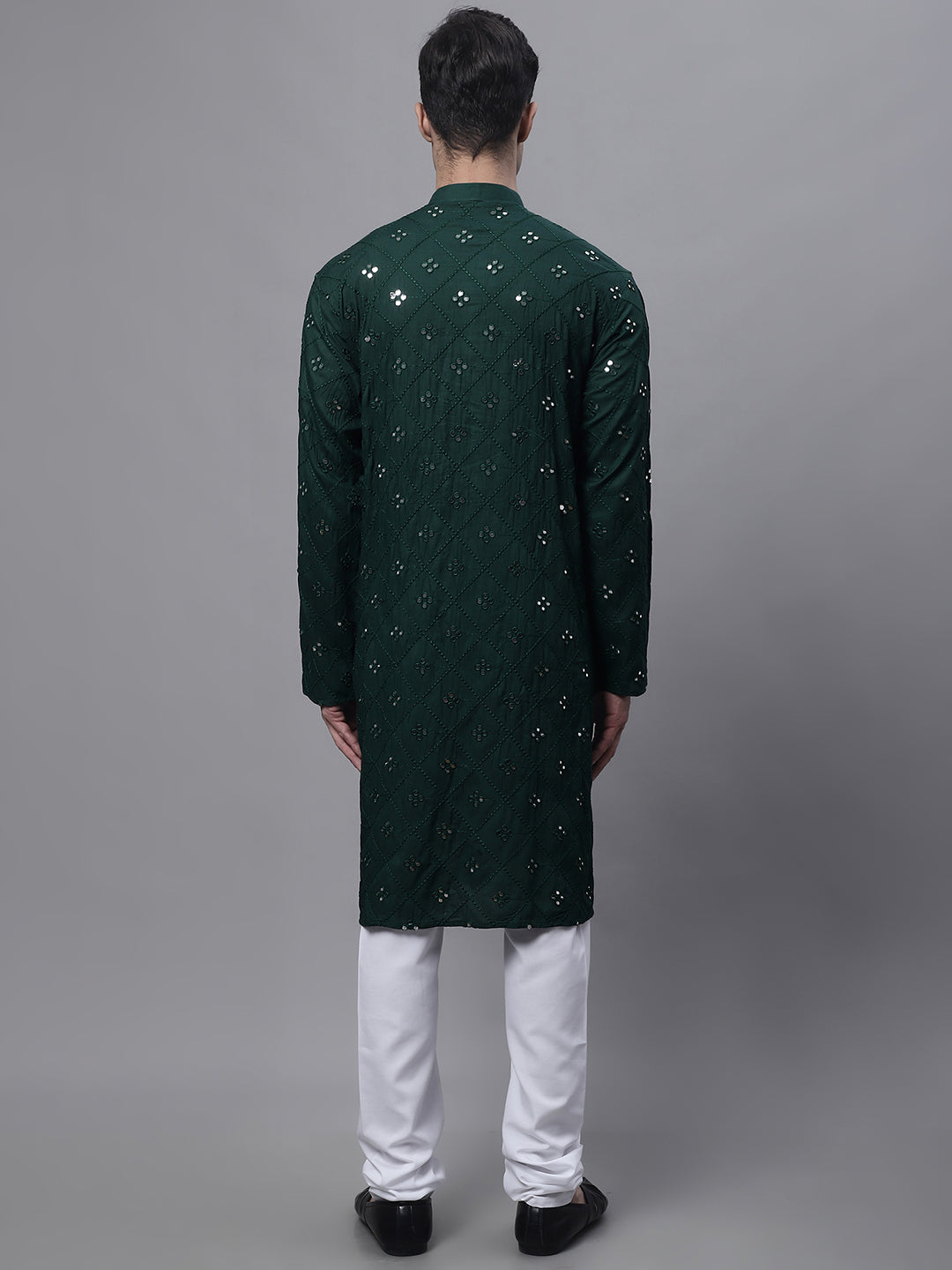 Jompers Men's Olive Green Embroidered Mirror Work Kurta Pyjama