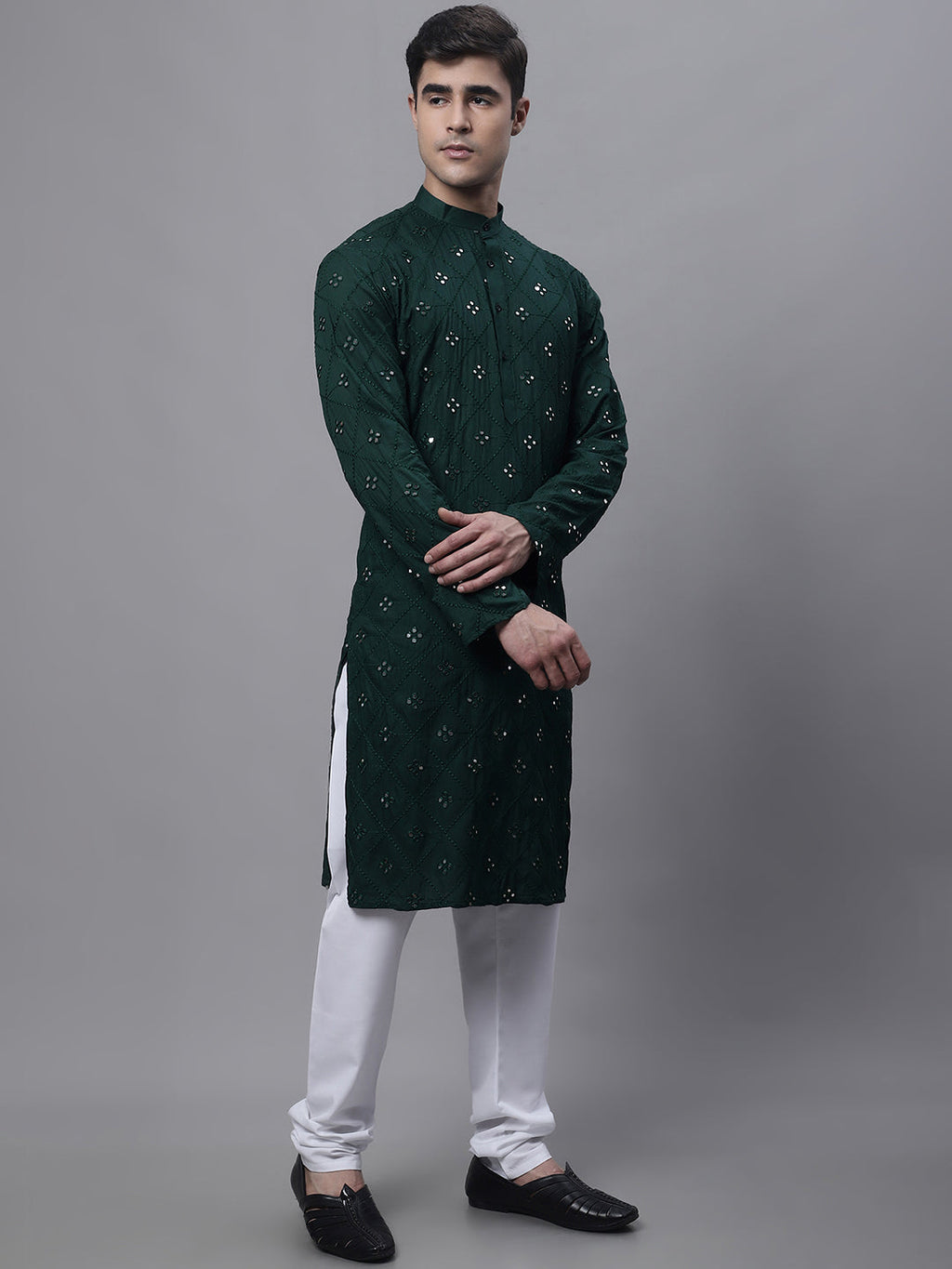 Jompers Men's Olive Green Embroidered Mirror Work Kurta Pyjama
