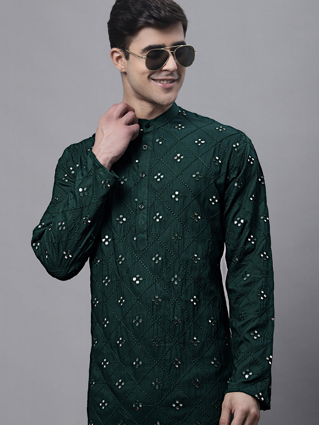 Jompers Men's Olive Green Embroidered Mirror Work Kurta Pyjama