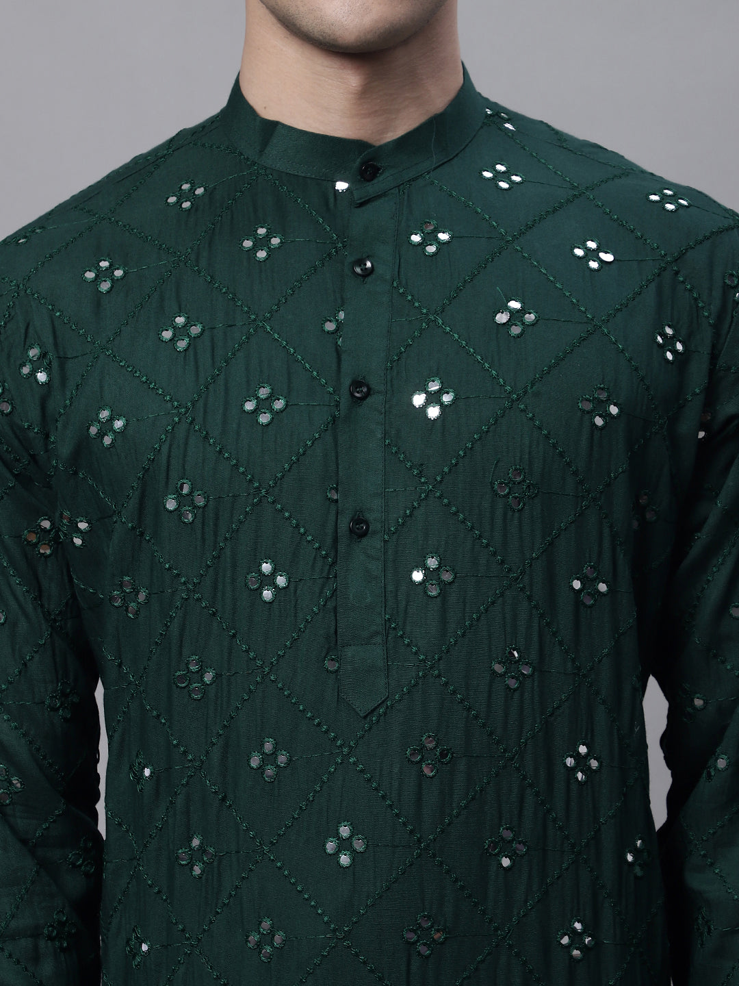 Jompers Men's Olive Green Embroidered Mirror Work Kurta Pyjama