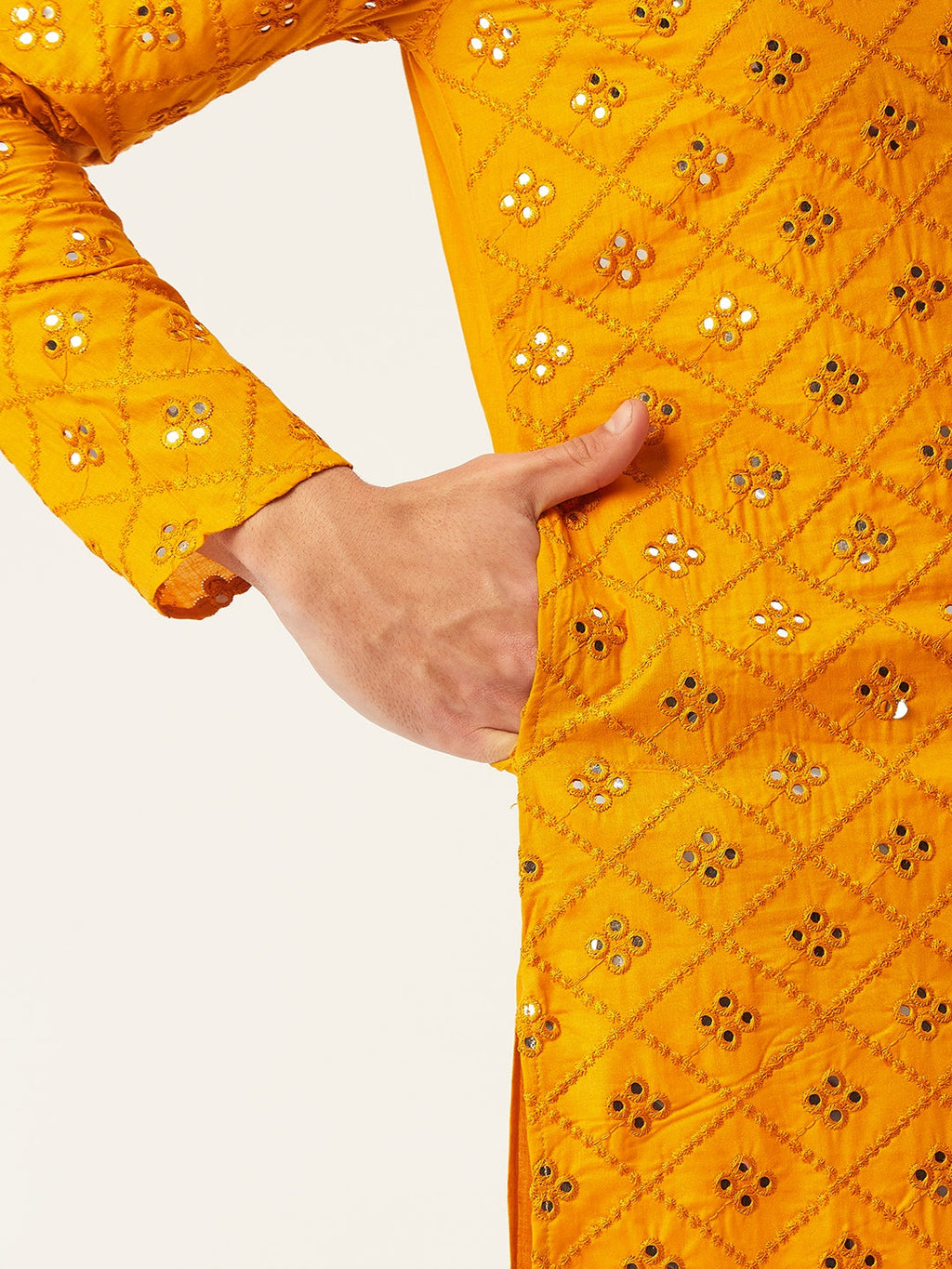 Jompers Men's Yellow Embroidered Mirror Work Kurta Pyjama