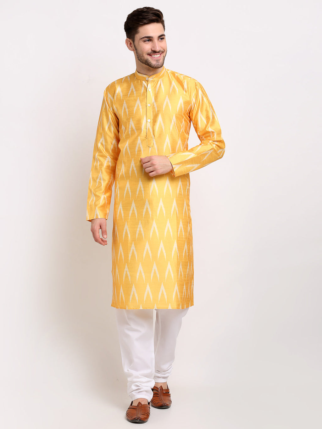 Jompers Men's Mustard Dupion Ikkat Kurta Payjama Sets