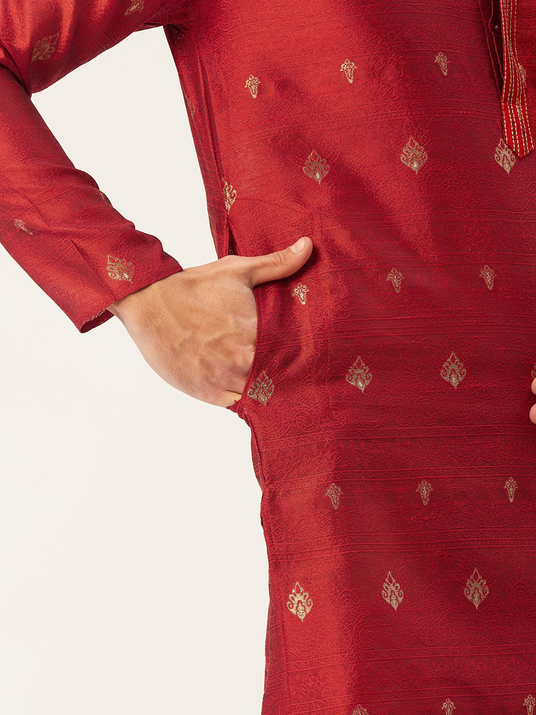 Jompers Men's Maroon Coller Embroidered Woven Design Kurta Only