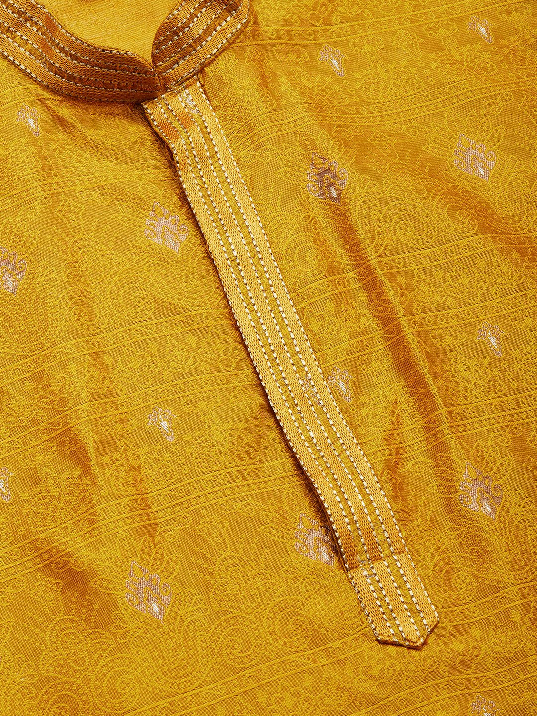 Jompers Men's Mustard Coller Embroidered Woven Design Kurta Pyjama